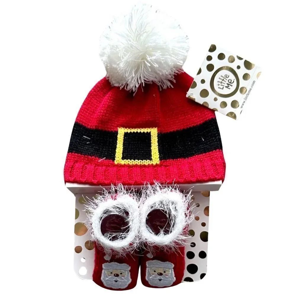 Little Me 0-12 Month Holiday Santa Knit Hat & Bootie Set NWT